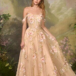 Prom dress. Formal Mother of the bride gown. Champagne floral lace up corset